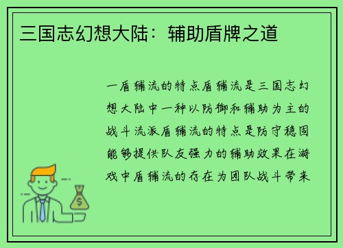 三国志幻想大陆：辅助盾牌之道