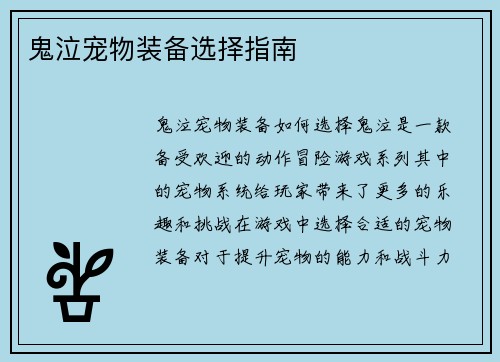 鬼泣宠物装备选择指南